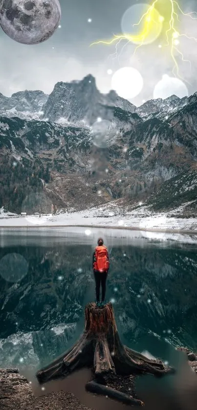 Lone figure on stump by a reflective lake with mountains and a mystical sky.