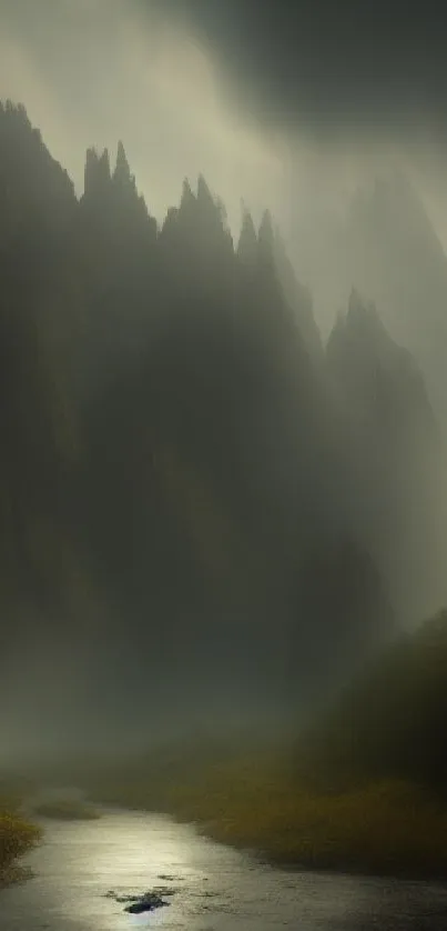 Serene mountain river scene with misty peaks and a tranquil atmosphere.
