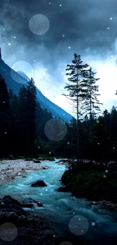 Serene mountain river with forest and dark blue sky