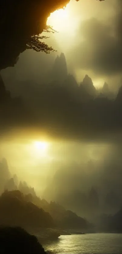 Mystical mountain landscape at sunset with foggy scenery.