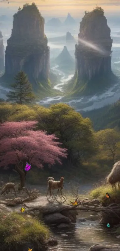 Mystical mountain landscape with wildlife and pink tree.