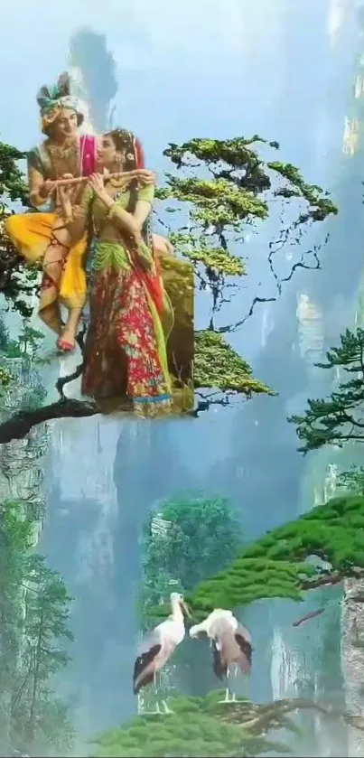 Ethereal mountain scene with mystical figures atop a tree branch.