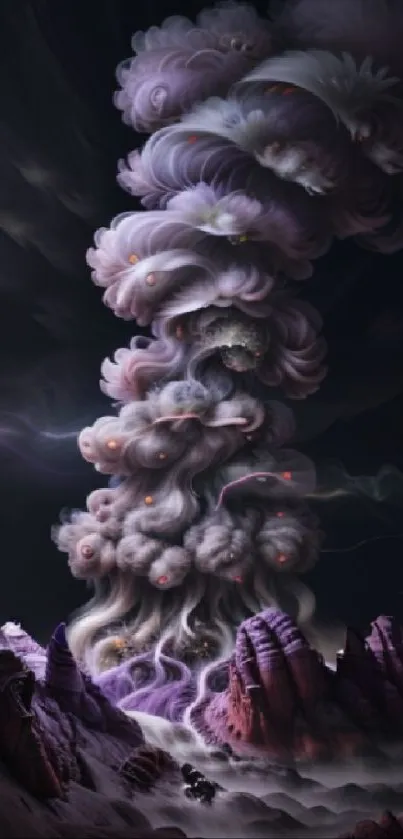 Surreal smoke over mystical mountains in dark digital art.