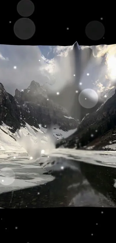 Snowy mountains with floating bubbles creating a mystical scene.