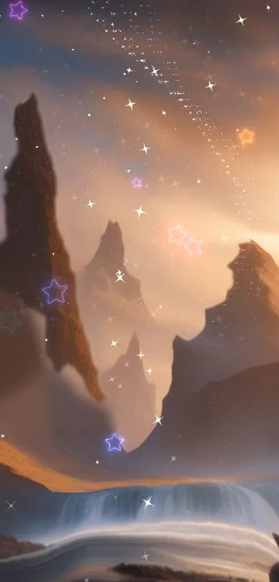 Mystical mountain landscape with colorful stars.