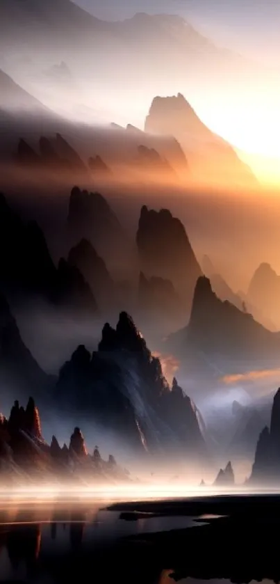 Mystical mountain sunrise with fog and glowing peaks.