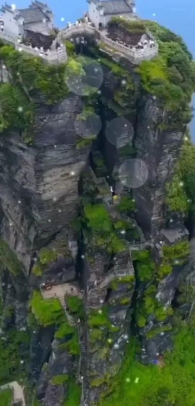 A mystical temple atop a lush green mountain with cloudy skies.