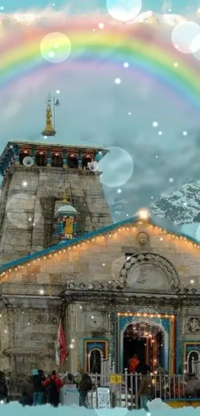 A serene temple in the mountains with a rainbow and snow-covered peaks.