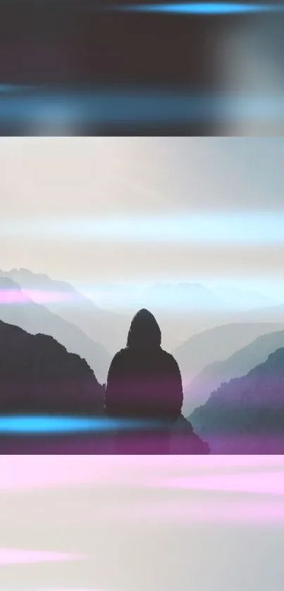 A serene mountain view with pastel colors and a silhouette figure.