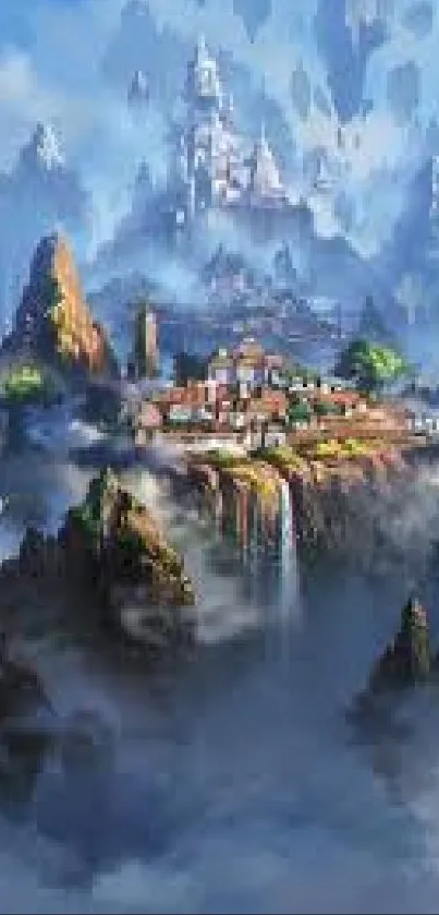 Mystical mountain village with cascading waterfall and floating peaks in blue hues.