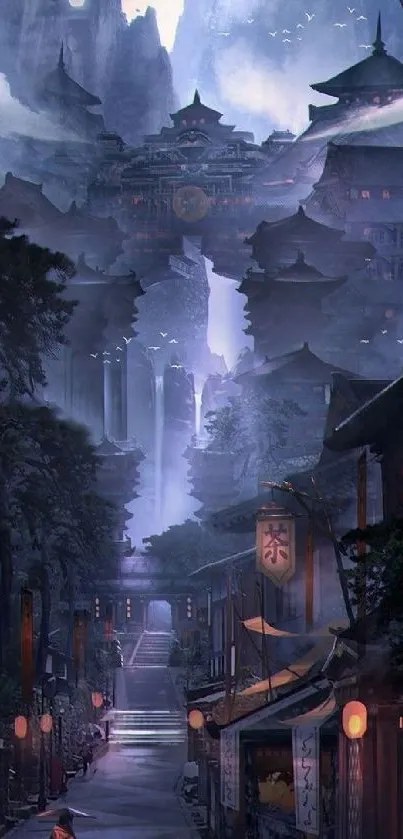 Mystical mountain village at dusk with ethereal architecture and glowing lights.