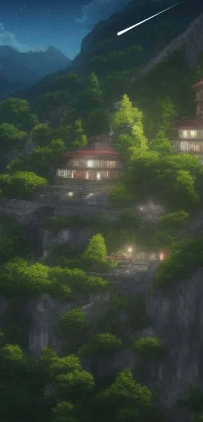 Nighttime view of illuminated houses in a lush mountain village.