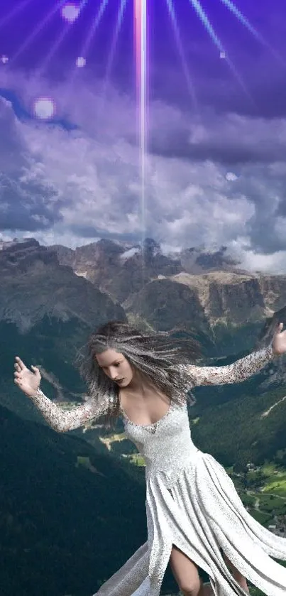 A mystical woman in a white dress reaches toward the sky on a mountain backdrop.