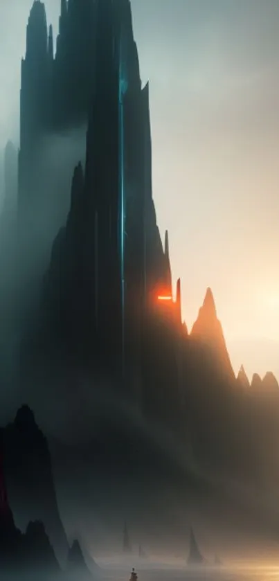 Mysterious mountain wallpaper with mist and sunset glow.