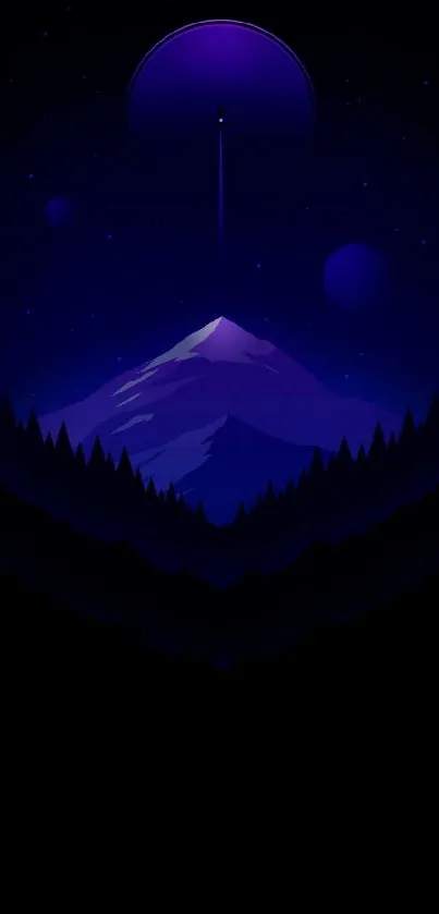 Mystical mountain with starry night sky and dark blue hues.