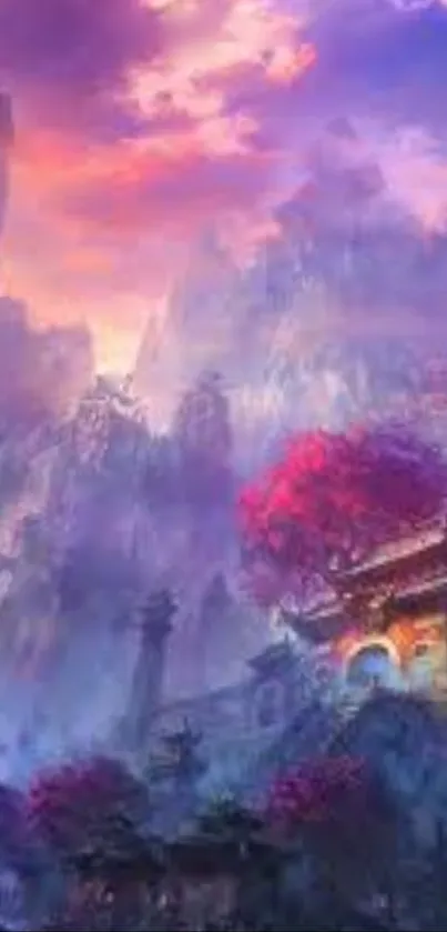 Mystical mountain landscape with vibrant pink and purple colors.