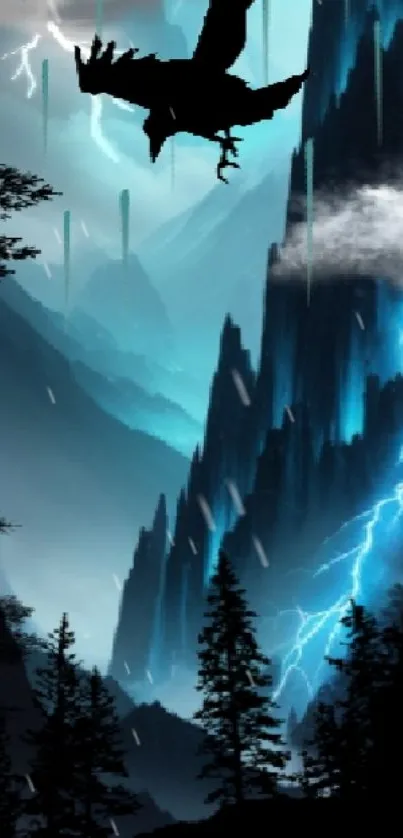 Mystical mountain with lightning striking the peak, set in a fantasy landscape.