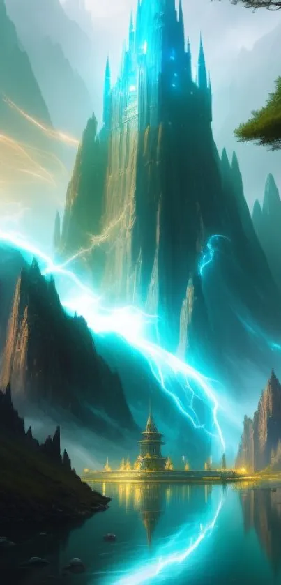 Mystical mountain with blue lightning and serene water reflection in fantasy wallpaper.