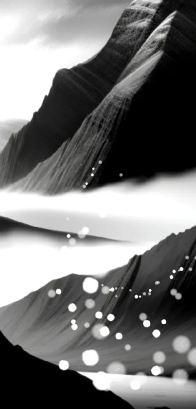 Monochrome mountain landscape with glowing orbs and abstract design.