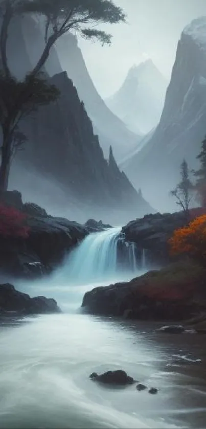 Mystical waterfall in misty mountain landscape wallpaper.