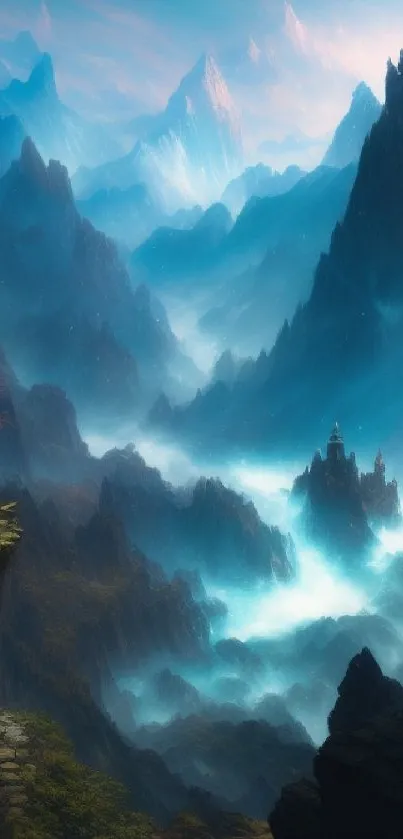 Mystical mountain landscape with blue mist and rugged peaks, creating a serene view.