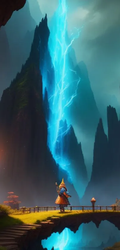 Figure stands on bridge under magical azure lightning in fantasy mountainscape.