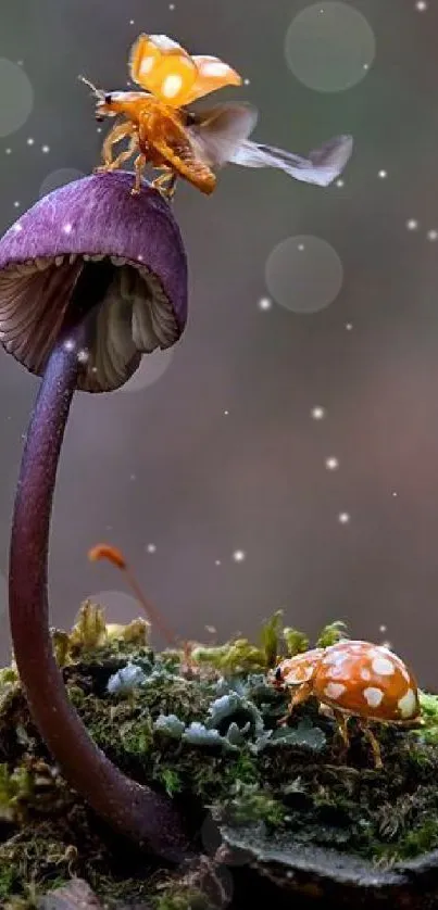 Purple mushroom with beetles in a forest wallpaper.