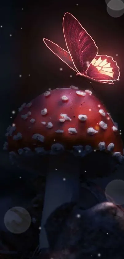 Mystical scene with a glowing butterfly on a red mushroom in a dark forest.