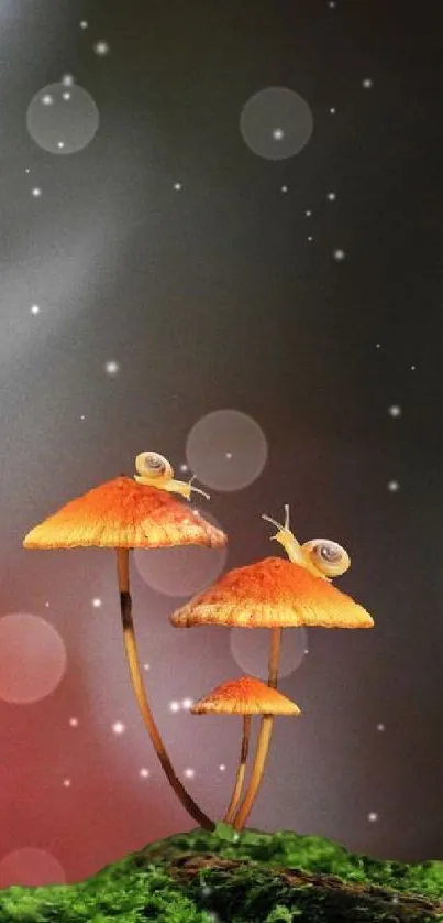 Snails on orange mushrooms under a tranquil forest backdrop.