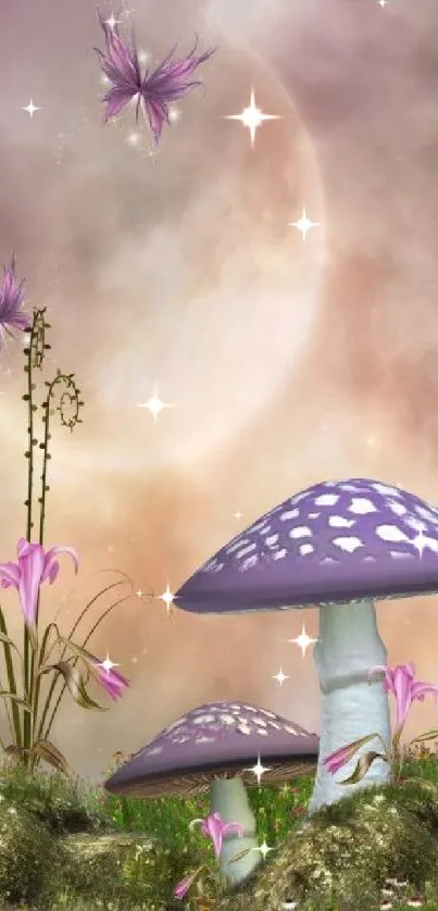 Fantasy wallpaper with purple mushrooms and butterflies in a mystical landscape.