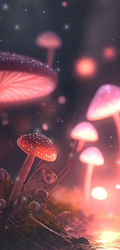 Mobile wallpaper with mystical glowing pink mushrooms in a fantasy scene.