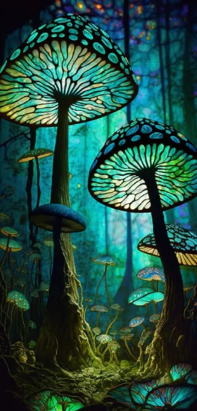 Glowing mushrooms in a mystical, teal-lit forest scene.