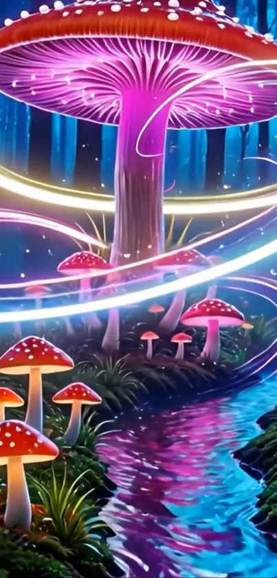 Magical mushroom forest with neon lights.