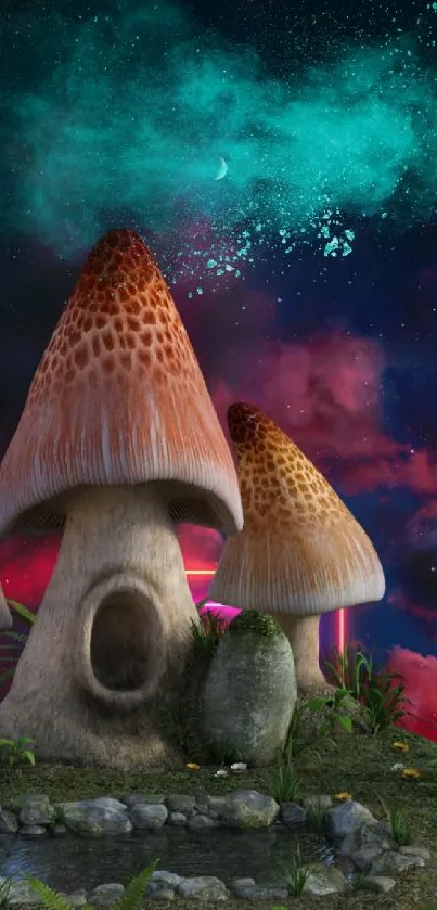 Mystical mushrooms under a vibrant galaxy sky in a fantasy art wallpaper.