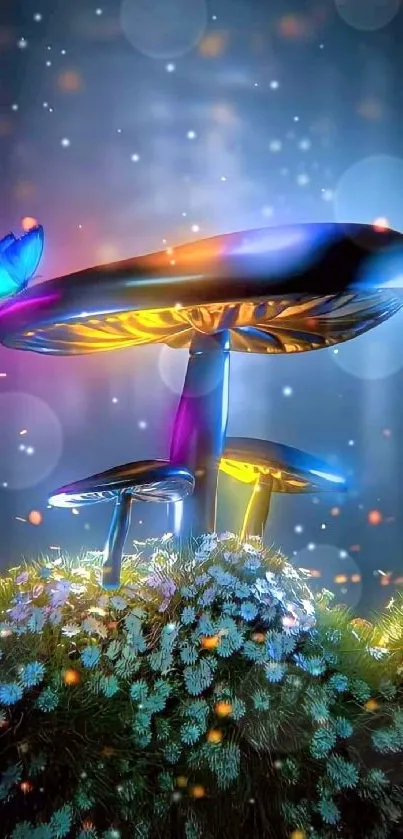 Mystical glowing mushrooms with a butterfly in an enchanting night scene.