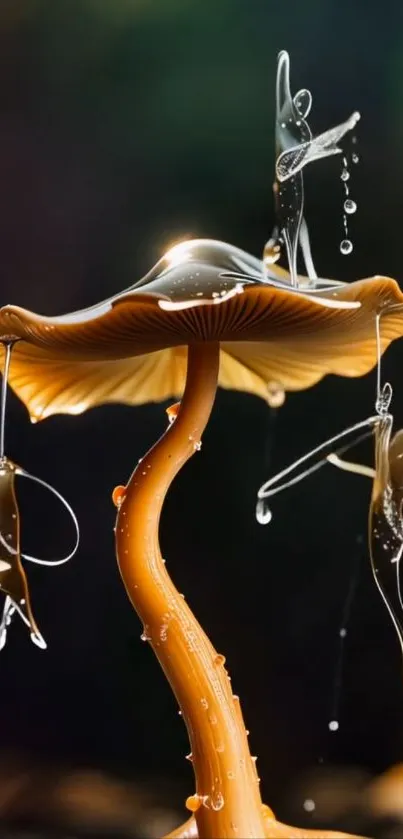 Magical mushroom with shimmering fairies and droplets.