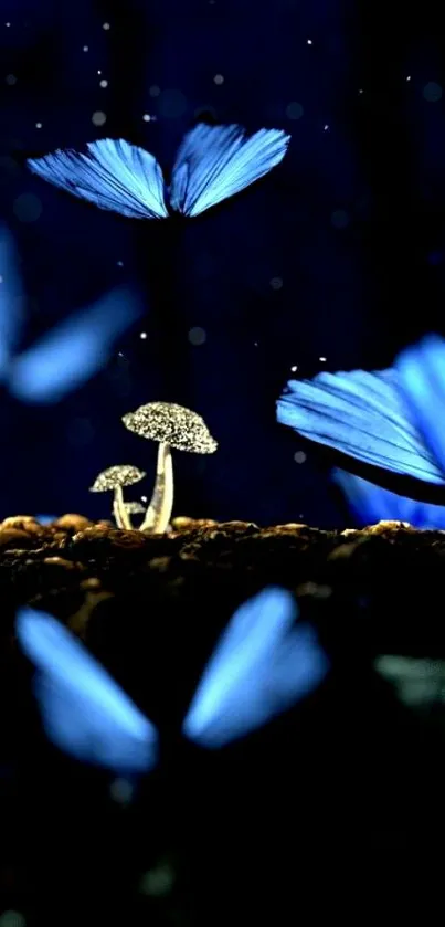 Ethereal blue butterflies flutter around glowing mushrooms on a dark background.