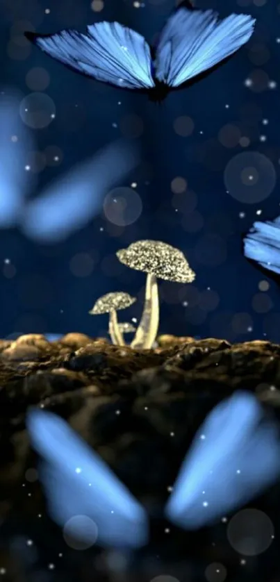 Mystical mushrooms and butterflies in a dreamy night scene.