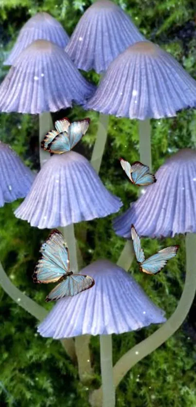 Lavender mushrooms with butterflies on green moss.