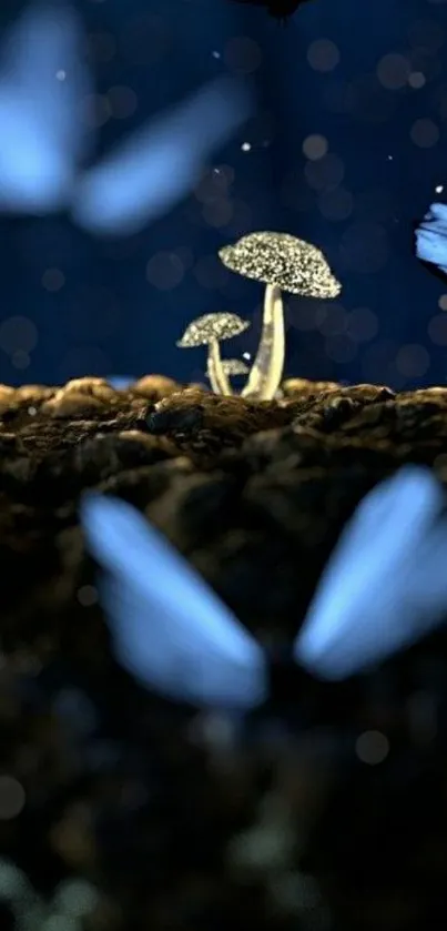 Mystical scene with mushrooms and butterflies on a dark blue background.