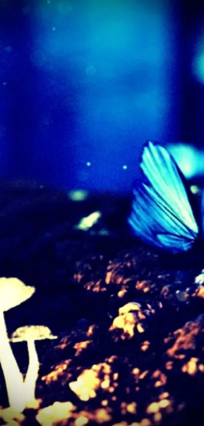 Mystical blue butterfly and glowing mushrooms wallpaper.