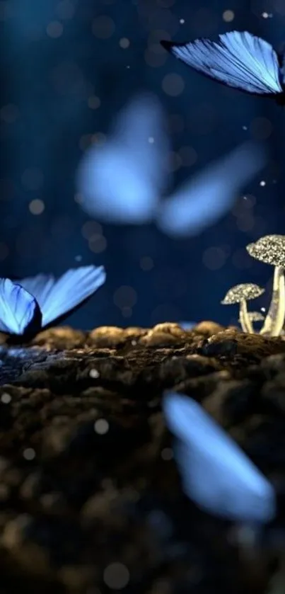 Mystical scene with glowing mushrooms and blue butterflies.