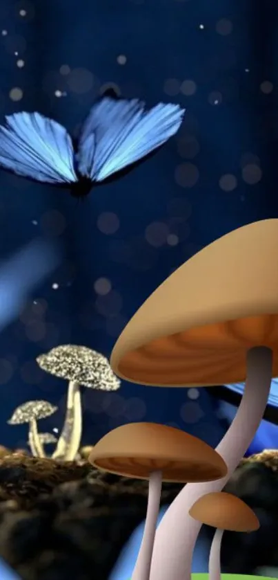 Mystical mushrooms and butterfly under a starry night sky on phone wallpaper.