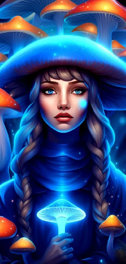 Fantasy art of a girl surrounded by glowing mushrooms.