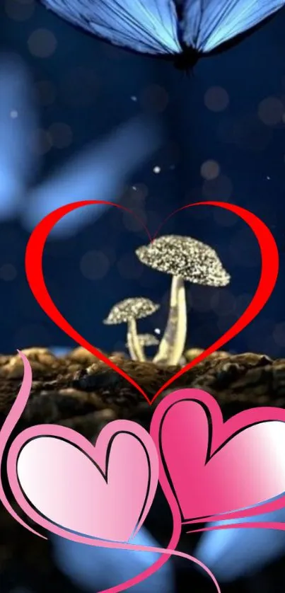 Glowing mushrooms art with hearts and butterflies on a dark blue background.