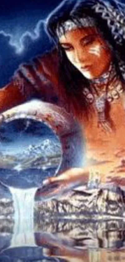 Mystical Native American woman with water globe.