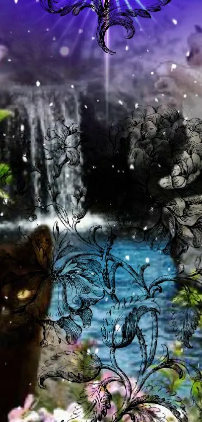 Mystical nature scene with cats, waterfall, and floral art on mobile wallpaper.