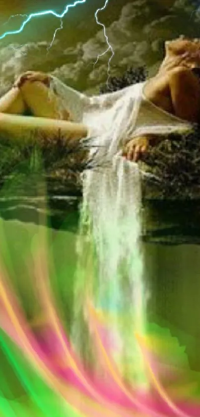 Mystical woman flowing into a natural, colorful landscape with vibrant accents.