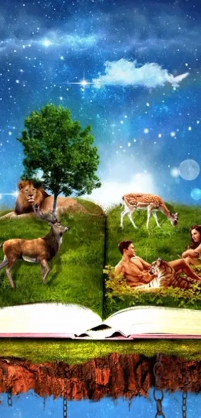 Fantasy landscape with wildlife on an open book under a starry night sky.