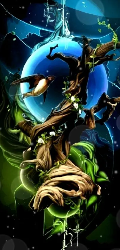 Mystical nature wallpaper with an artistic tree and celestial orb.